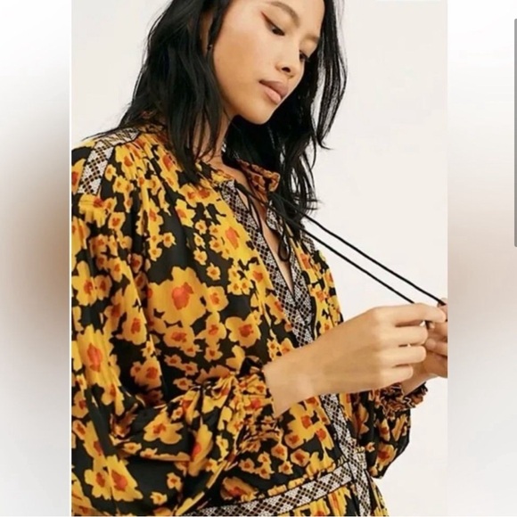 NWT Free People Love letter tunic top dress. Yellow/  black floral, long sleeve - Picture 4 of 14